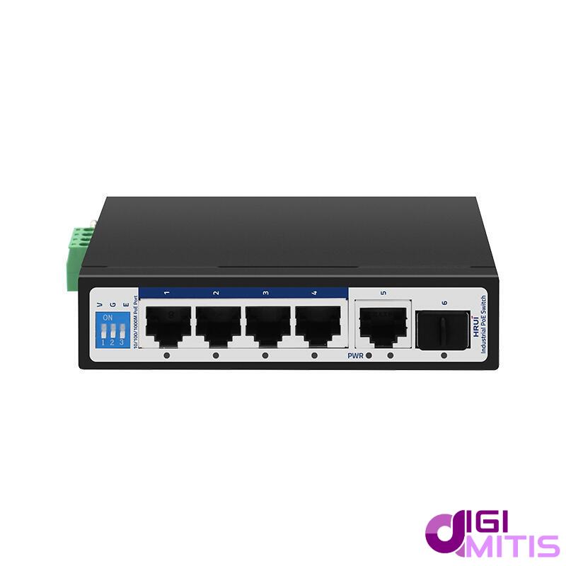 سوئیچ PoE صنعتی گیگ اچ ار یو ای HRUI HR500-AFG-411S با 4 پورت PoE گیگ، Uplink گیگ و SFP و توان 65 وات